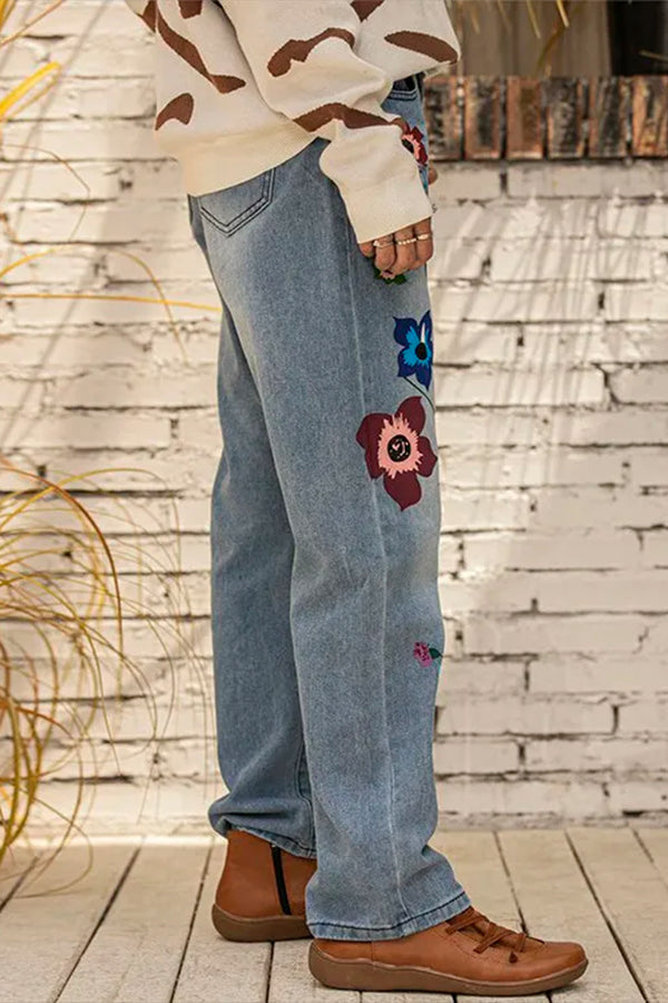 All Season Denim Floral Casual Jeans