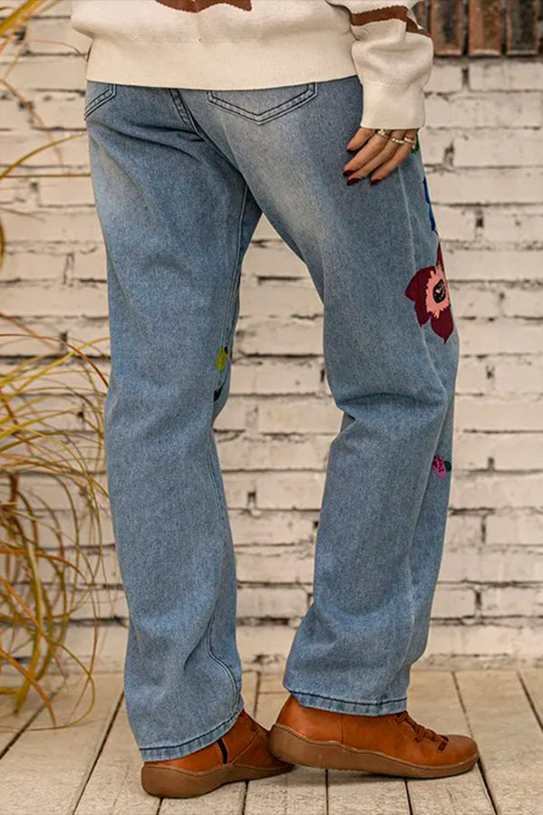 All Season Denim Floral Casual Jeans