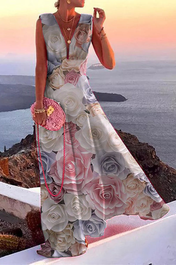 Elegant Print Sleeveless Maxi Dress