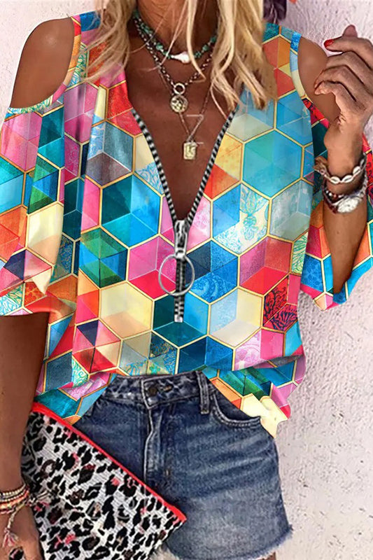 Off-the-Shoulder Geometric Print Top - Multicolor