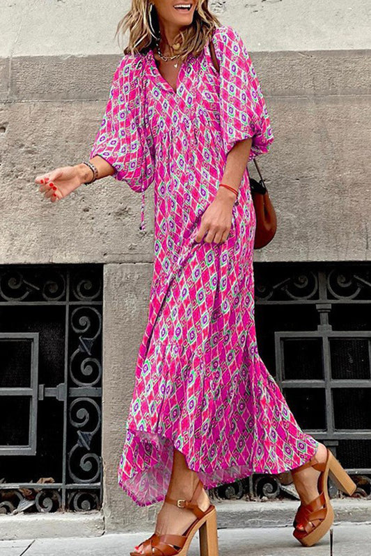 Bohemian Allover Print V Neck Lantern Sleeve A Line Maxi Dress