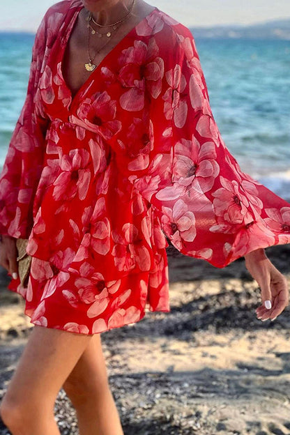 Vibrant Floral Deep V Neck Butterfly Sleeve A Line Mini Dress