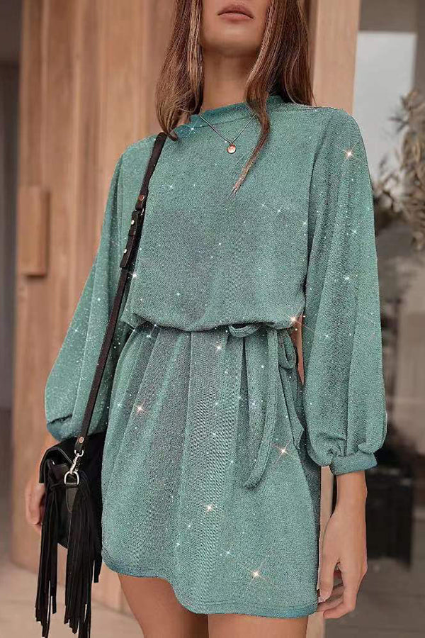 Shimmer Balloon Sleeve Tie Dress