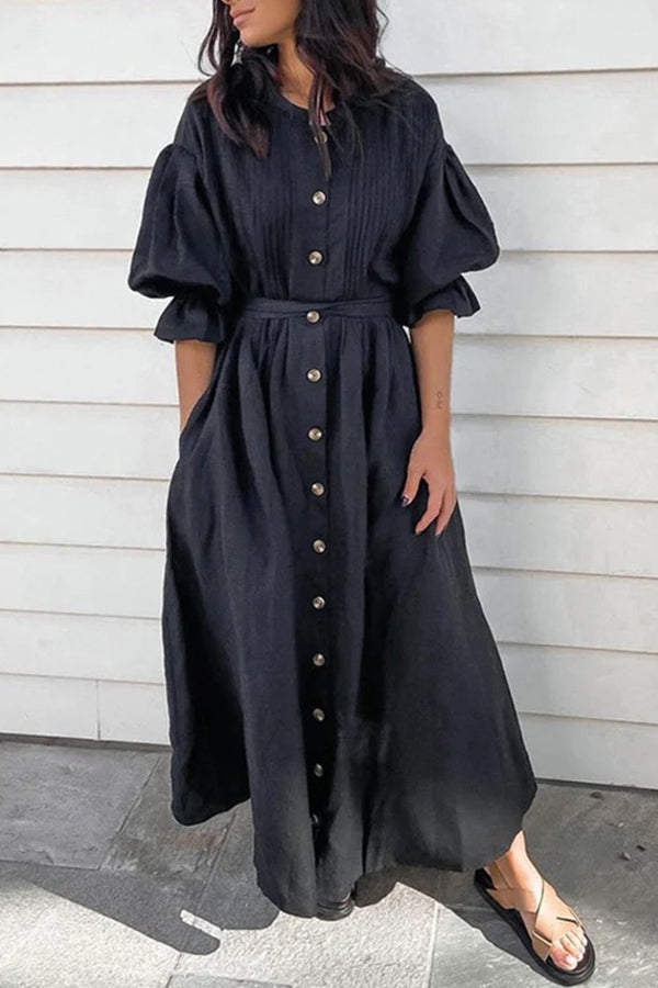 V-Neck Pleated Puff Sleeve Plus Size Dress