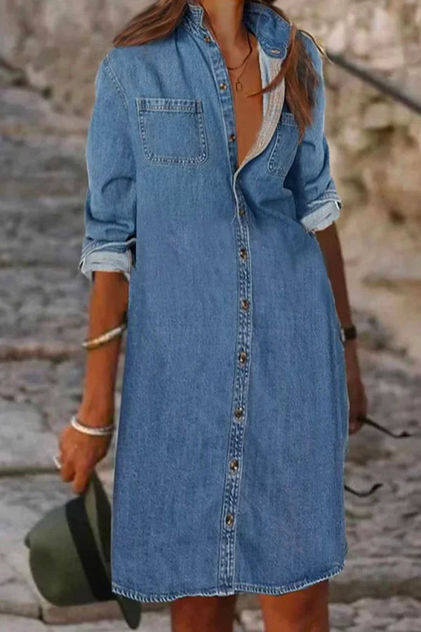 Casual Loose Solid Color Denim Long Sleeve shirt Dress