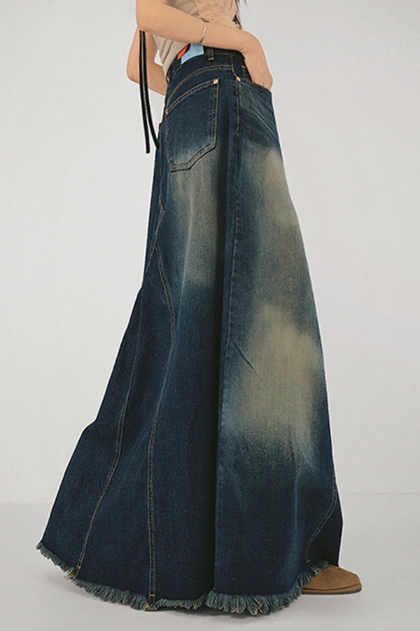 Distressed Washed Denim Skirt