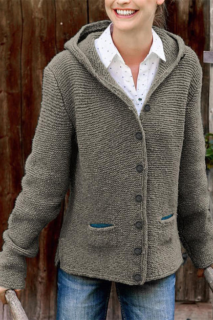 Hooded Pure Color Button Knit Cardigan