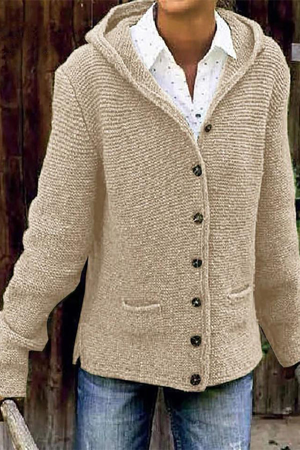 Hooded Pure Color Button Knit Cardigan