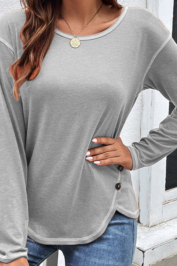 Casual Button Detailed Long Sleeve Irregular Top