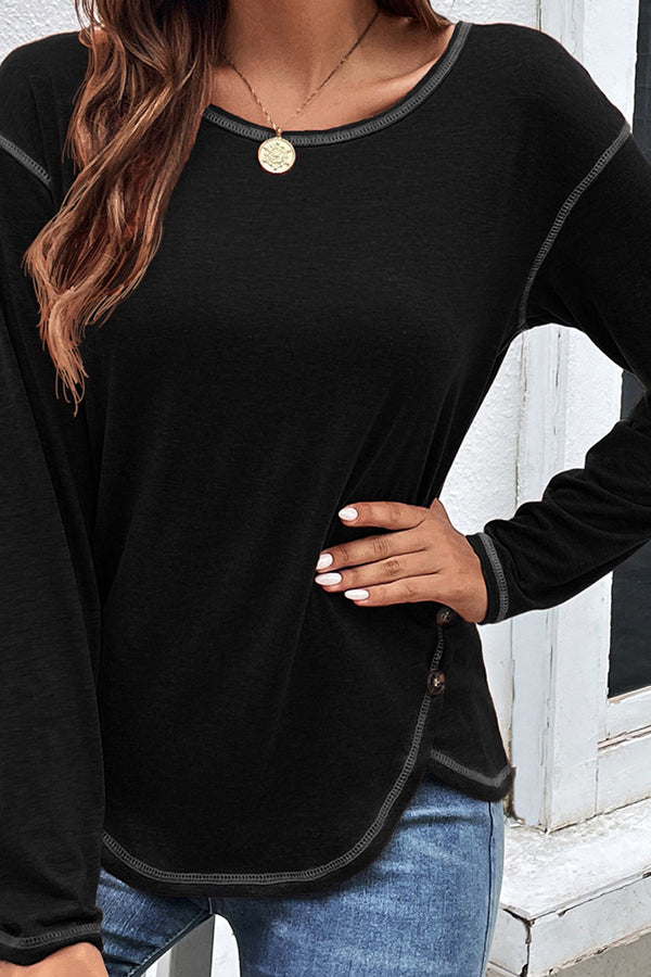 Casual Button Detailed Long Sleeve Irregular Top