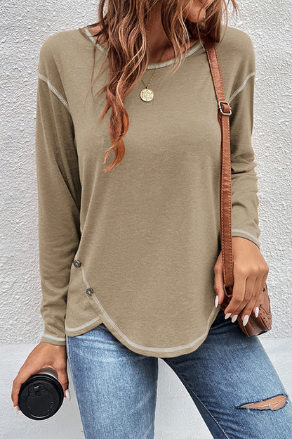 Casual Button Detailed Long Sleeve Irregular Top