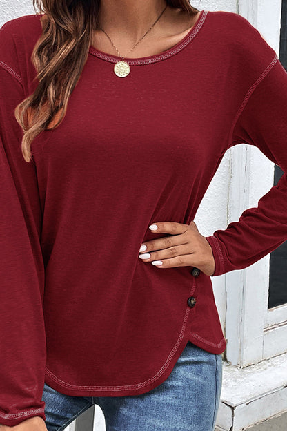 Casual Button Detailed Long Sleeve Irregular Top