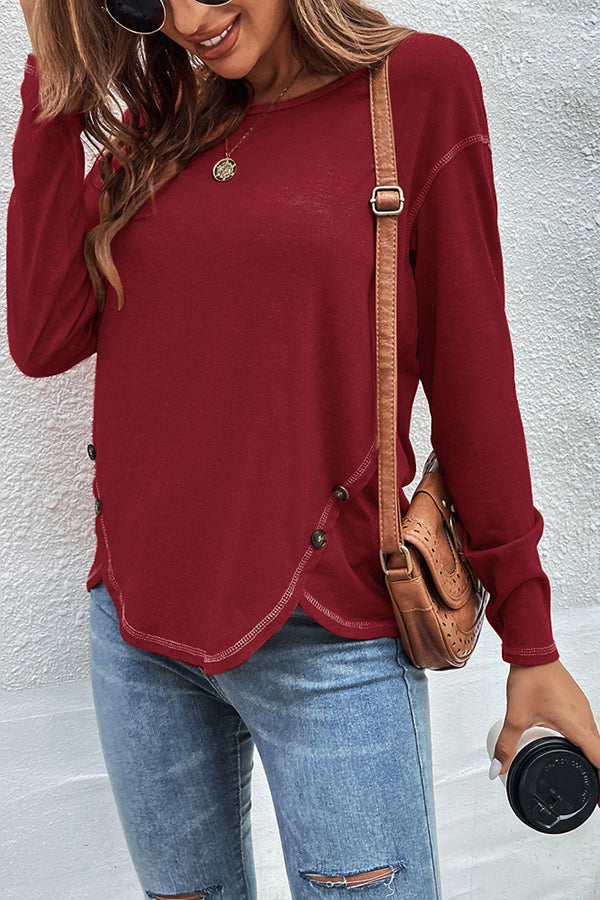 Casual Button Detailed Long Sleeve Irregular Top