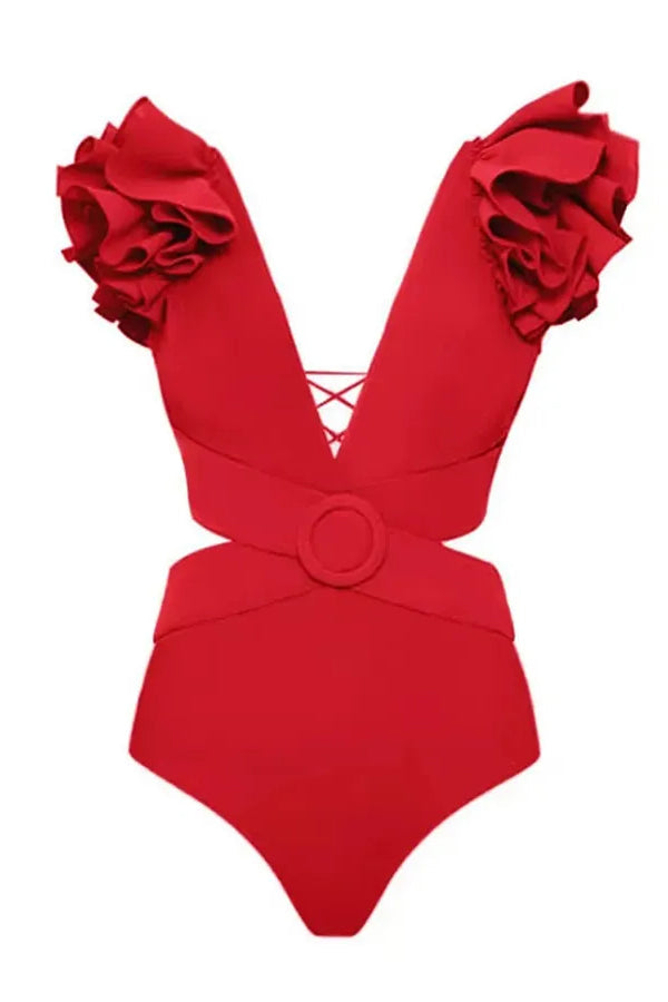 Deep V Red Cutout One Piece Swimsuit And Skirt