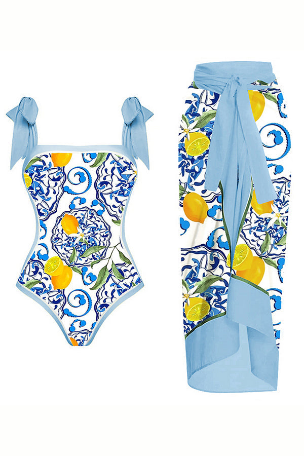 Lemon Print Tie-shoulder One Piece Swimsuit and Sarong