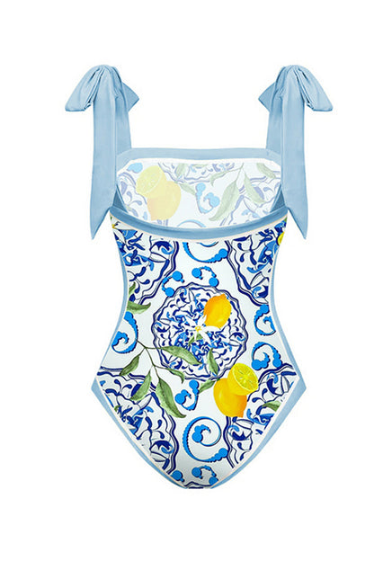 Lemon Print Tie-shoulder One Piece Swimsuit and Sarong