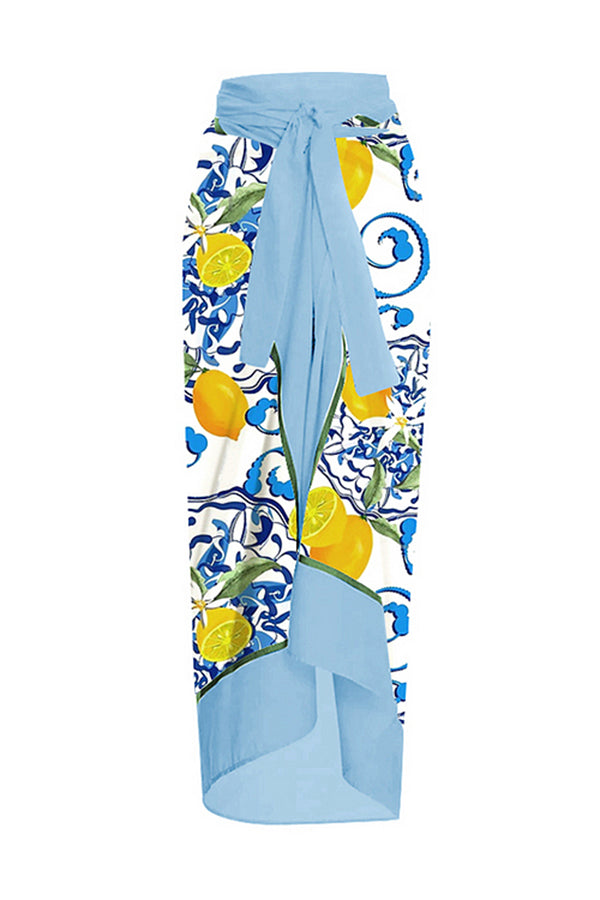 Lemon Print Tie-shoulder One Piece Swimsuit and Sarong