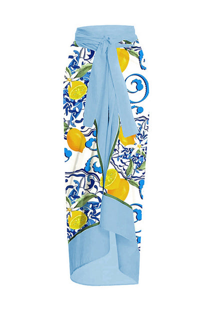 Lemon Print Tie-shoulder One Piece Swimsuit and Sarong