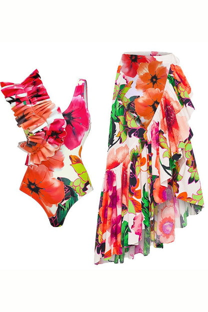 Ruffled Floral Print One Piece Swimsuit and Skirt