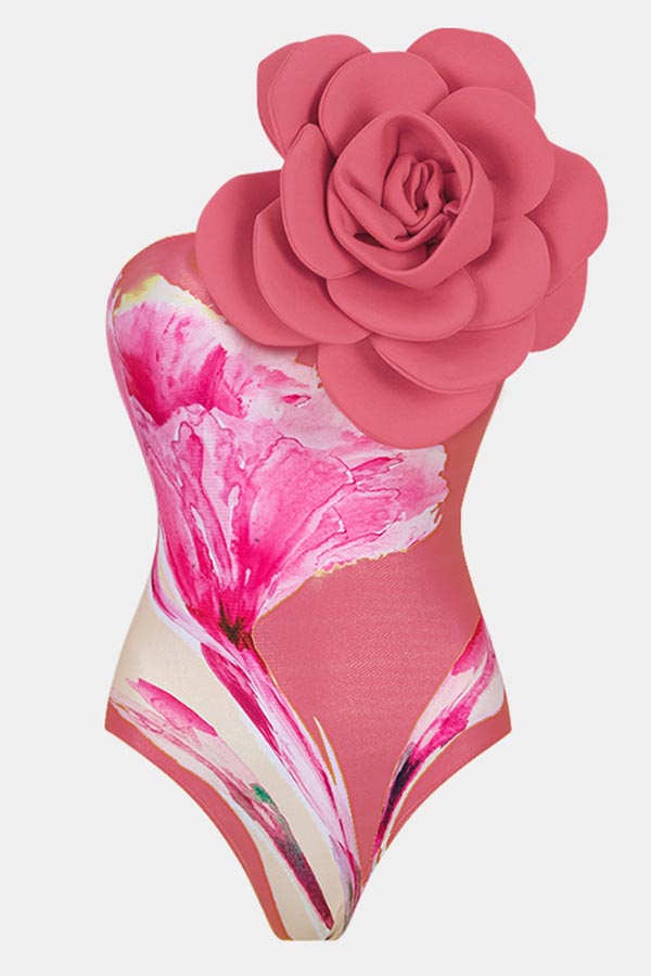 3D Flower One Shoulder One Piece Swimsuit and Skirt