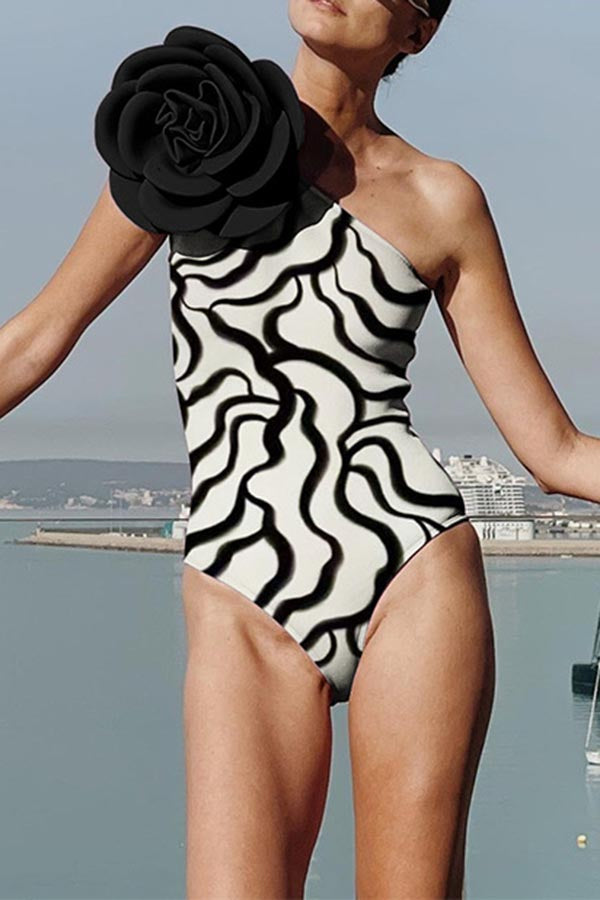 3D Flower One Shoulder One Piece Swimsuit and Skirt