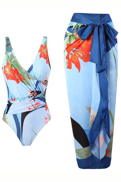 One Piece Swimsuit and Sarong Skirt