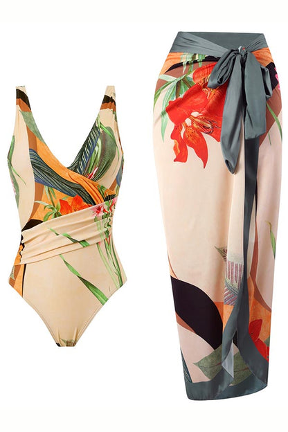 One Piece Swimsuit and Sarong Skirt