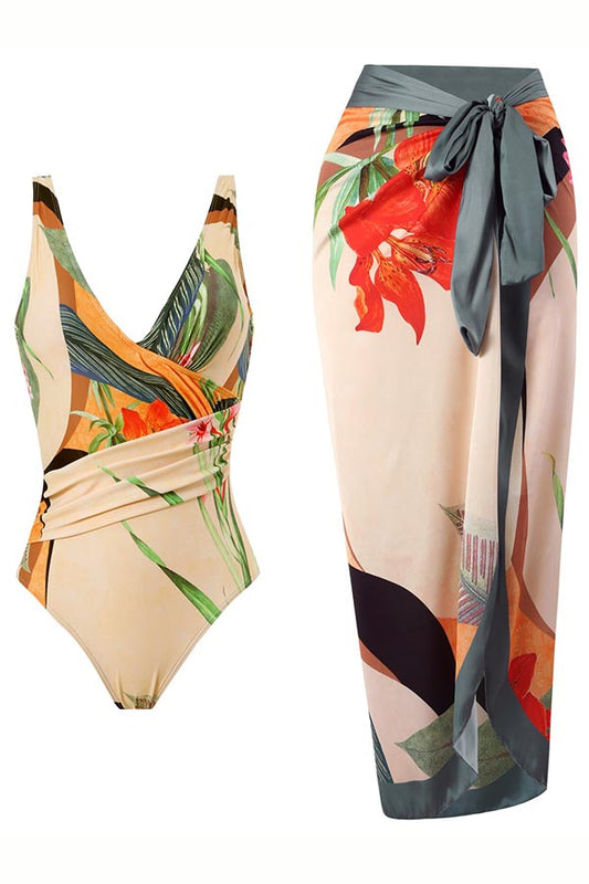 One Piece Swimsuit and Sarong Skirt