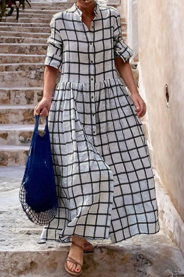 Plaid Long Sleeves Loose Swing Shirt Maxi Dress