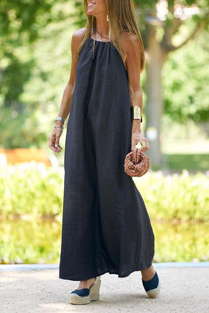 Solid Halter Cotton-Linen Holiday Maxi Dress