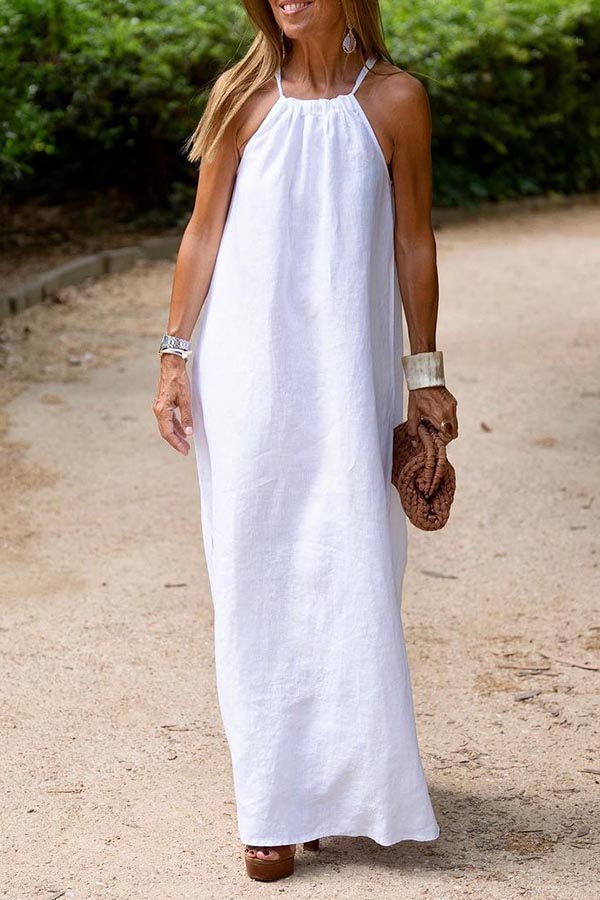 Solid Halter Cotton-Linen Holiday Maxi Dress