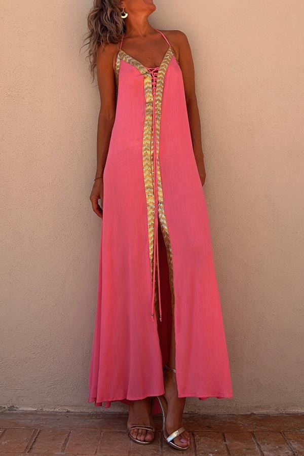 Paneled Sleeveless Lace-Up Holiday Maxi Dress