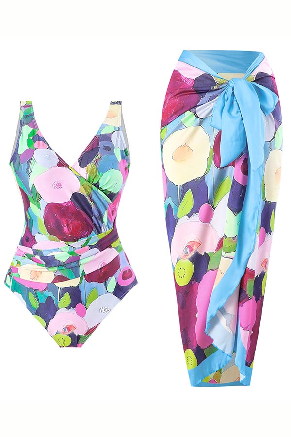 Floral Print One-Piece Swimsuit + Cover Skirt