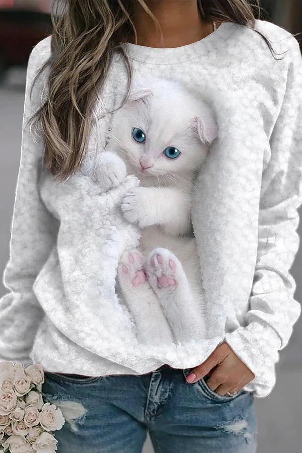 Cute Cat Print 100% Cotton Sweatshirt