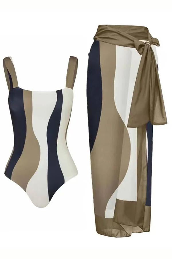 Color Block One-Piece Swimsuit + Cover Skirt