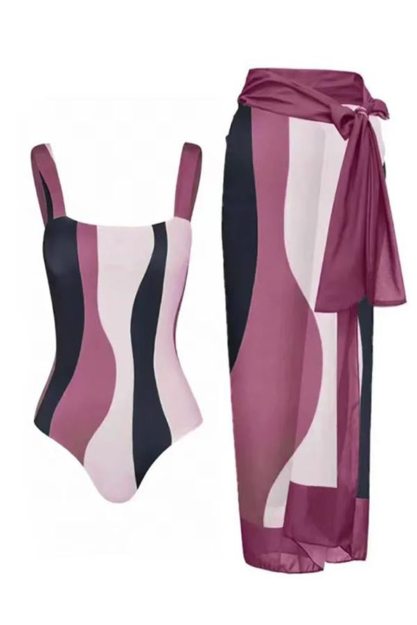 Color Block One-Piece Swimsuit + Cover Skirt