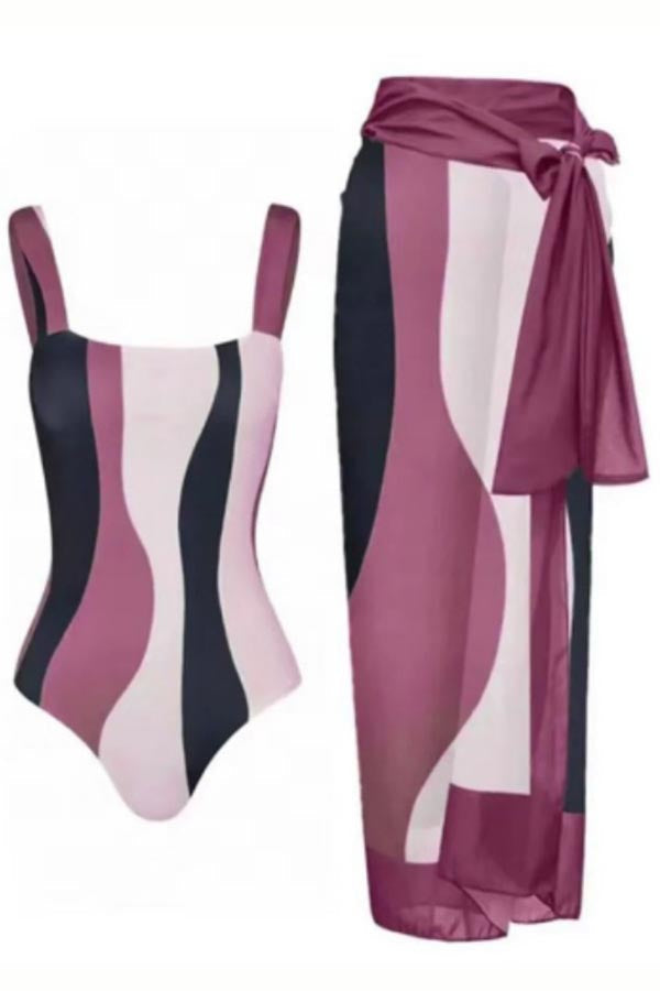 Color Block One-Piece Swimsuit + Cover Skirt