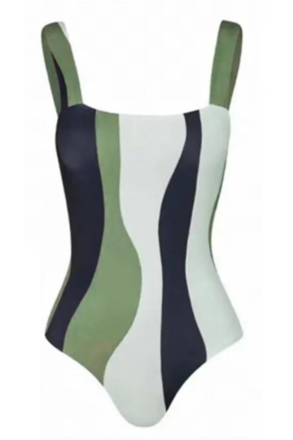 Color Block One-Piece Swimsuit + Cover Skirt