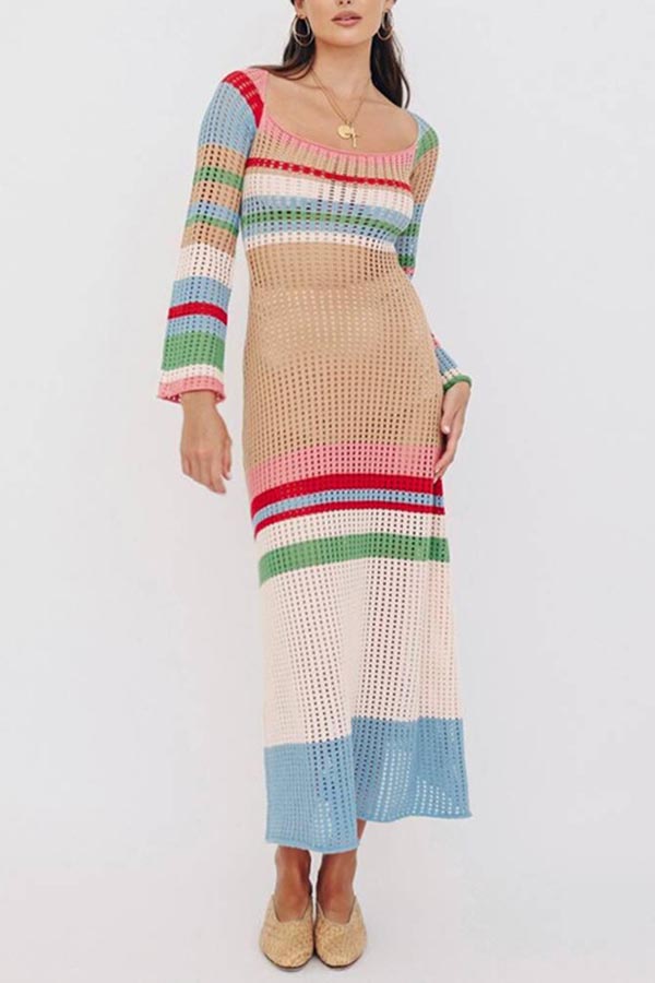 Casual Striped Colorblock Hollow Out Square Neck Knitted Maxi Dress