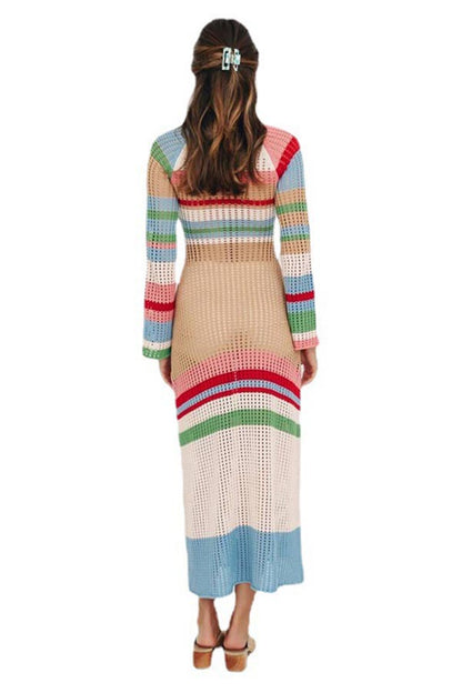 Casual Striped Colorblock Hollow Out Square Neck Knitted Maxi Dress