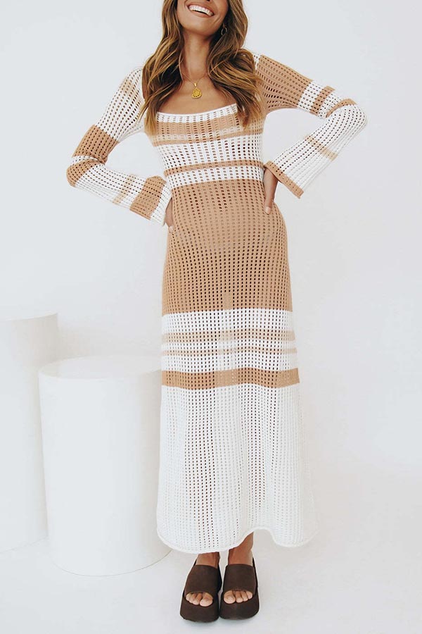 Casual Striped Colorblock Hollow Out Square Neck Knitted Maxi Dress