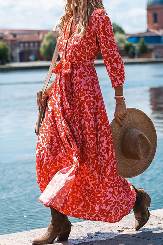 Lapel Slit Floral Print Lace Up Button Maxi Dress