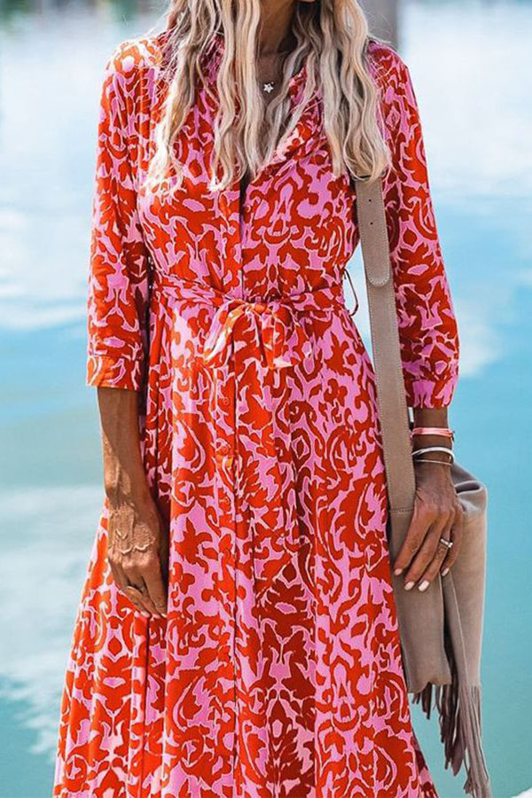 Lapel Slit Floral Print Lace Up Button Maxi Dress