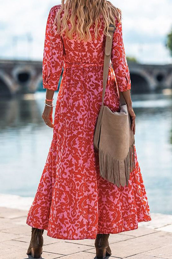 Lapel Slit Floral Print Lace Up Button Maxi Dress