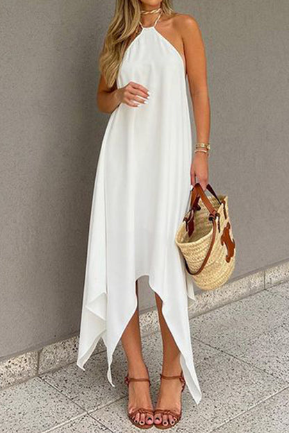 Solid Color Halterneck Irregular Mid-Length Dress