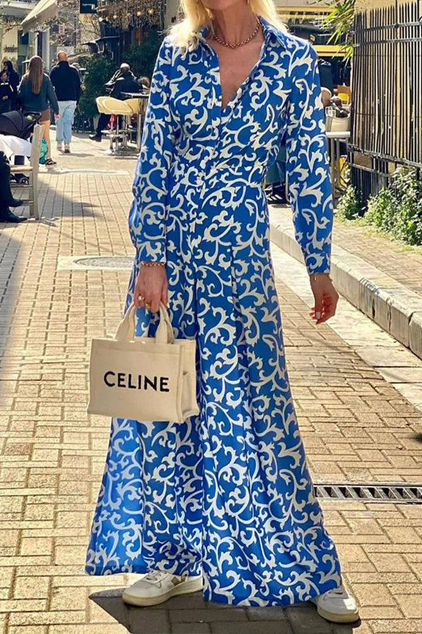 Ethnic Print Lapel Button Pocket Long Sleeve Shirt Maxi Dress