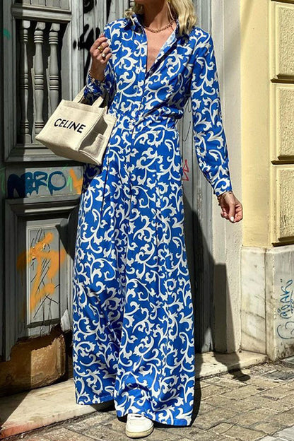 Ethnic Print Lapel Button Pocket Long Sleeve Shirt Maxi Dress