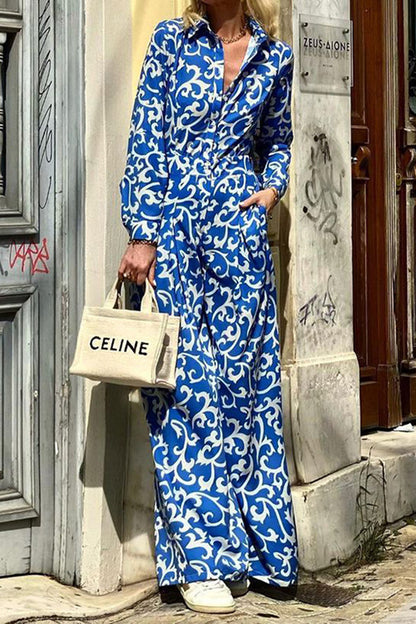 Ethnic Print Lapel Button Pocket Long Sleeve Shirt Maxi Dress