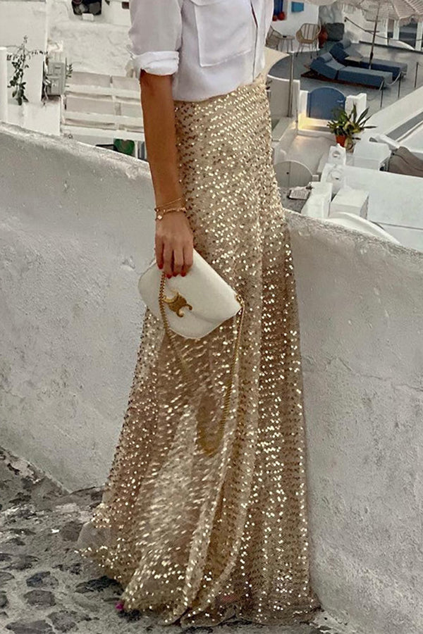 Golden Evening Sequin Elastic Waist Maxi Skirt