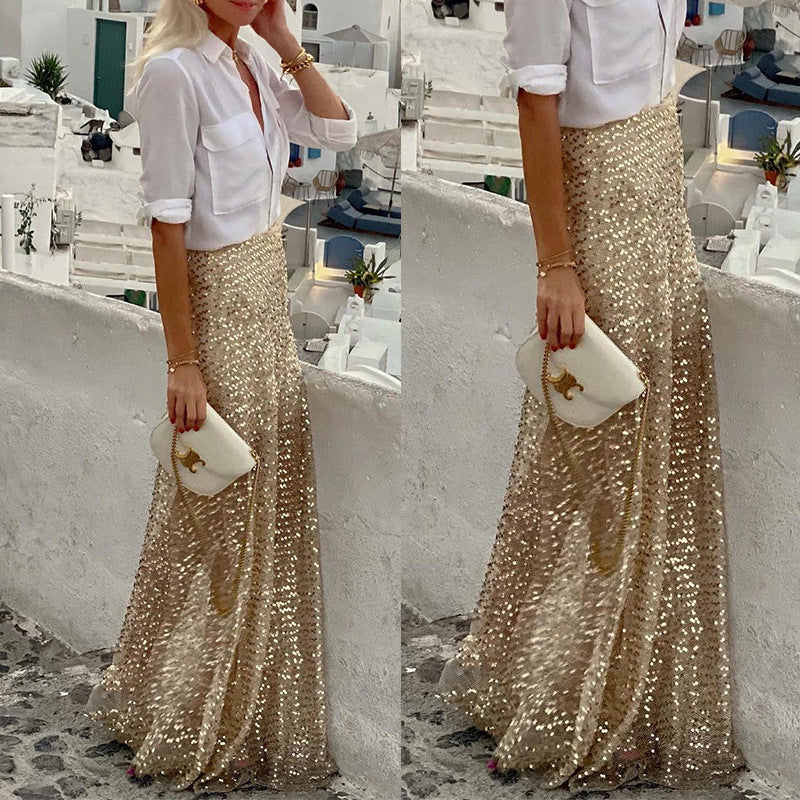 Golden Evening Sequin Elastic Waist Maxi Skirt